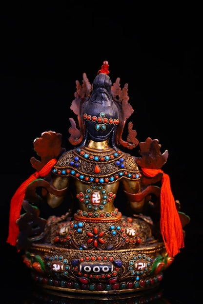 9"Tibetan Temple Collection Old Bronze Painted Outline in gold Mosaic Gem gZi Beads White Tara Sitting Buddha Worship Hall