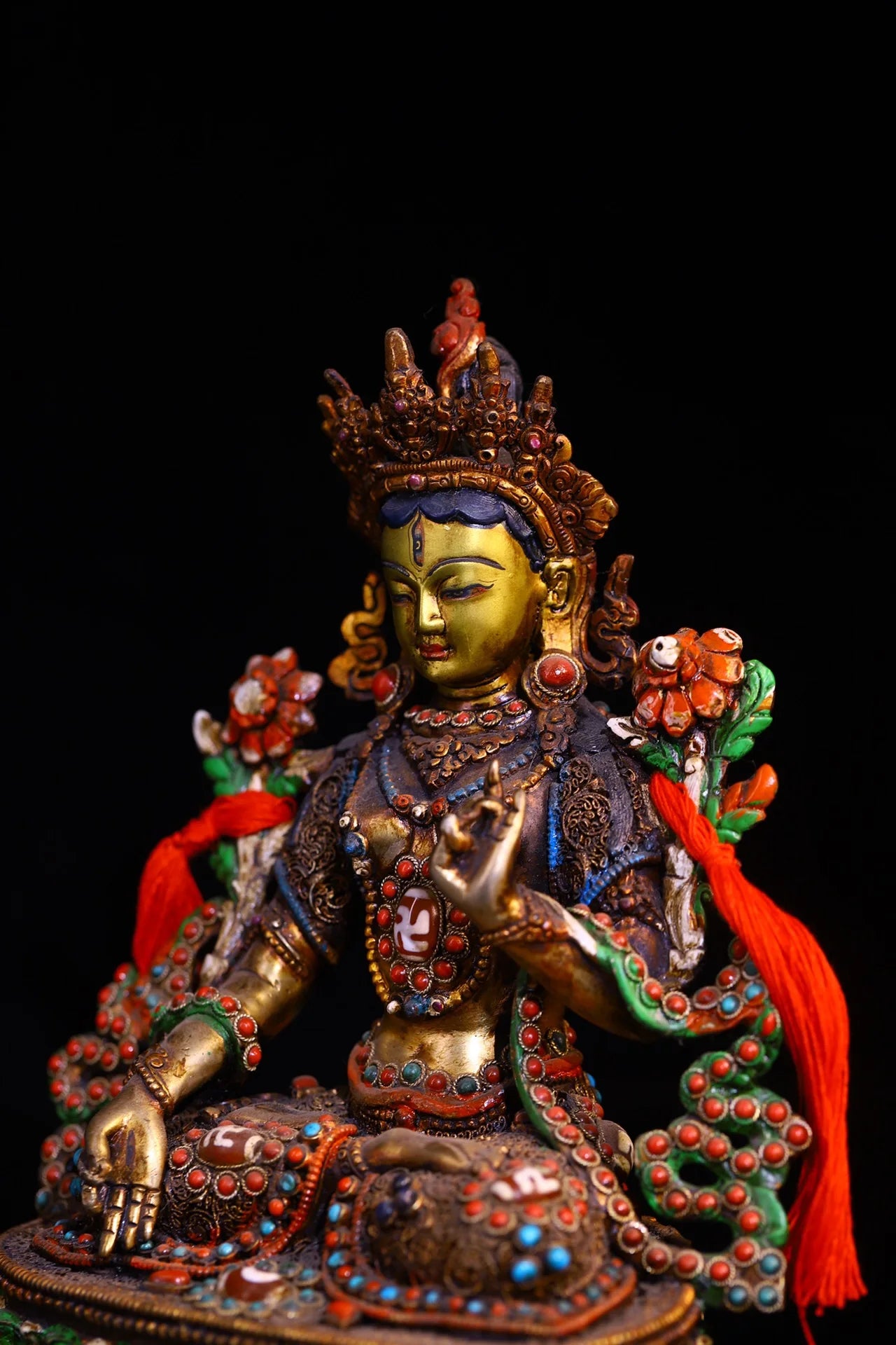 9"Tibetan Temple Collection Old Bronze Painted Outline in gold Mosaic Gem gZi Beads White Tara Sitting Buddha Worship Hall