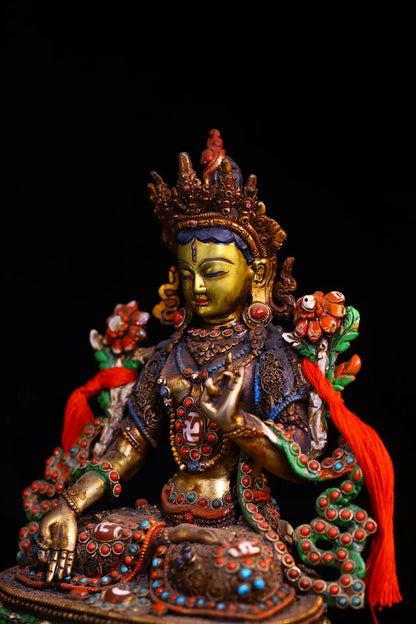 9"Tibetan Temple Collection Old Bronze Painted Outline in gold Mosaic Gem gZi Beads White Tara Sitting Buddha Worship Hall