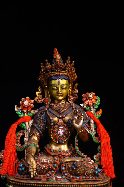 9"Tibetan Temple Collection Old Bronze Painted Outline in gold Mosaic Gem gZi Beads White Tara Sitting Buddha Worship Hall