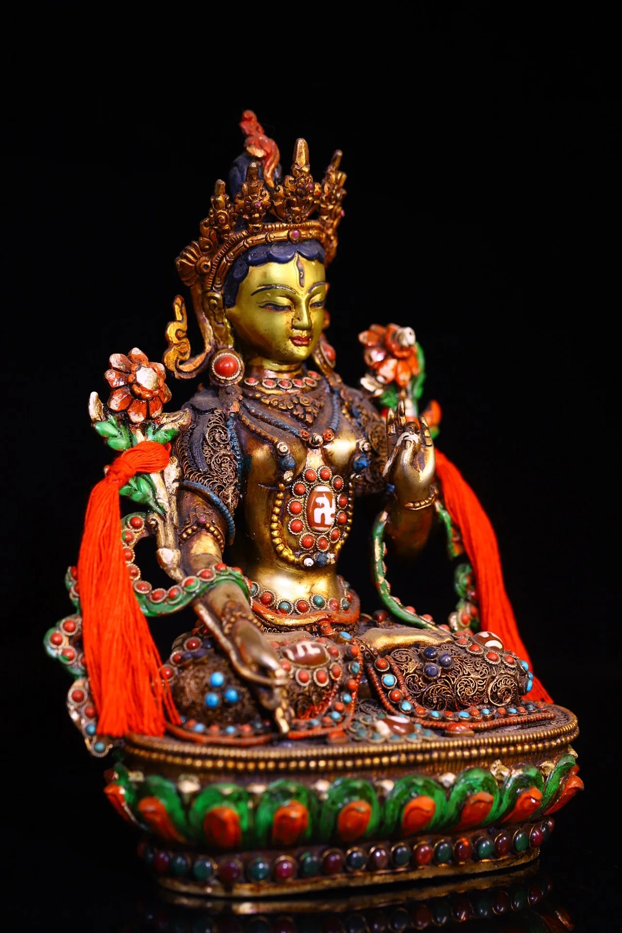 9"Tibetan Temple Collection Old Bronze Painted Outline in gold Mosaic Gem gZi Beads White Tara Sitting Buddha Worship Hall