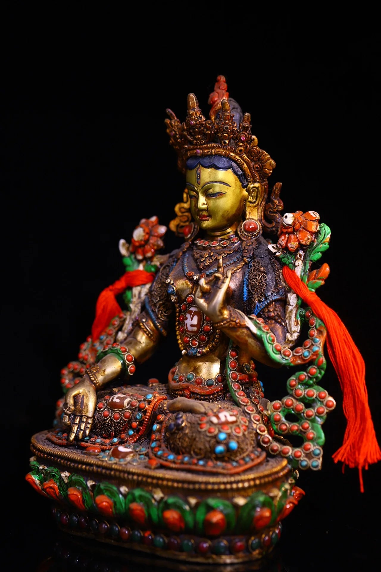 9"Tibetan Temple Collection Old Bronze Painted Outline in gold Mosaic Gem gZi Beads White Tara Sitting Buddha Worship Hall