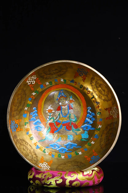 9"Tibetan Temple Collection Old Bronze Painted Tara Cross Vajra Pattern Buddha sound bowl Buddhist utensils Town House Exorcism