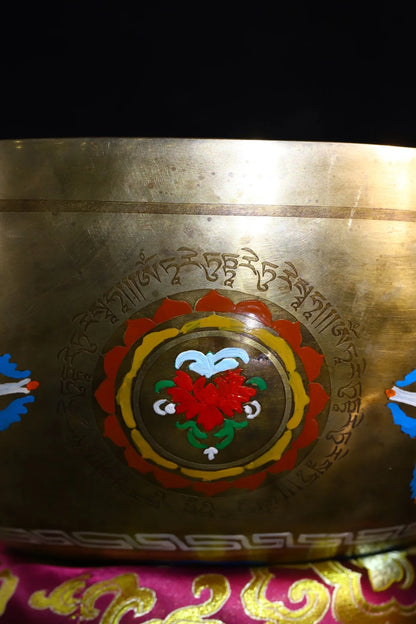 9"Tibetan Temple Collection Old Bronze Painted Tara Cross Vajra Pattern Buddha sound bowl Buddhist utensils Town House Exorcism