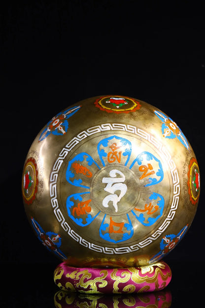 9"Tibetan Temple Collection Old Bronze Painted Tara Cross Vajra Pattern Buddha sound bowl Buddhist utensils Town House Exorcism