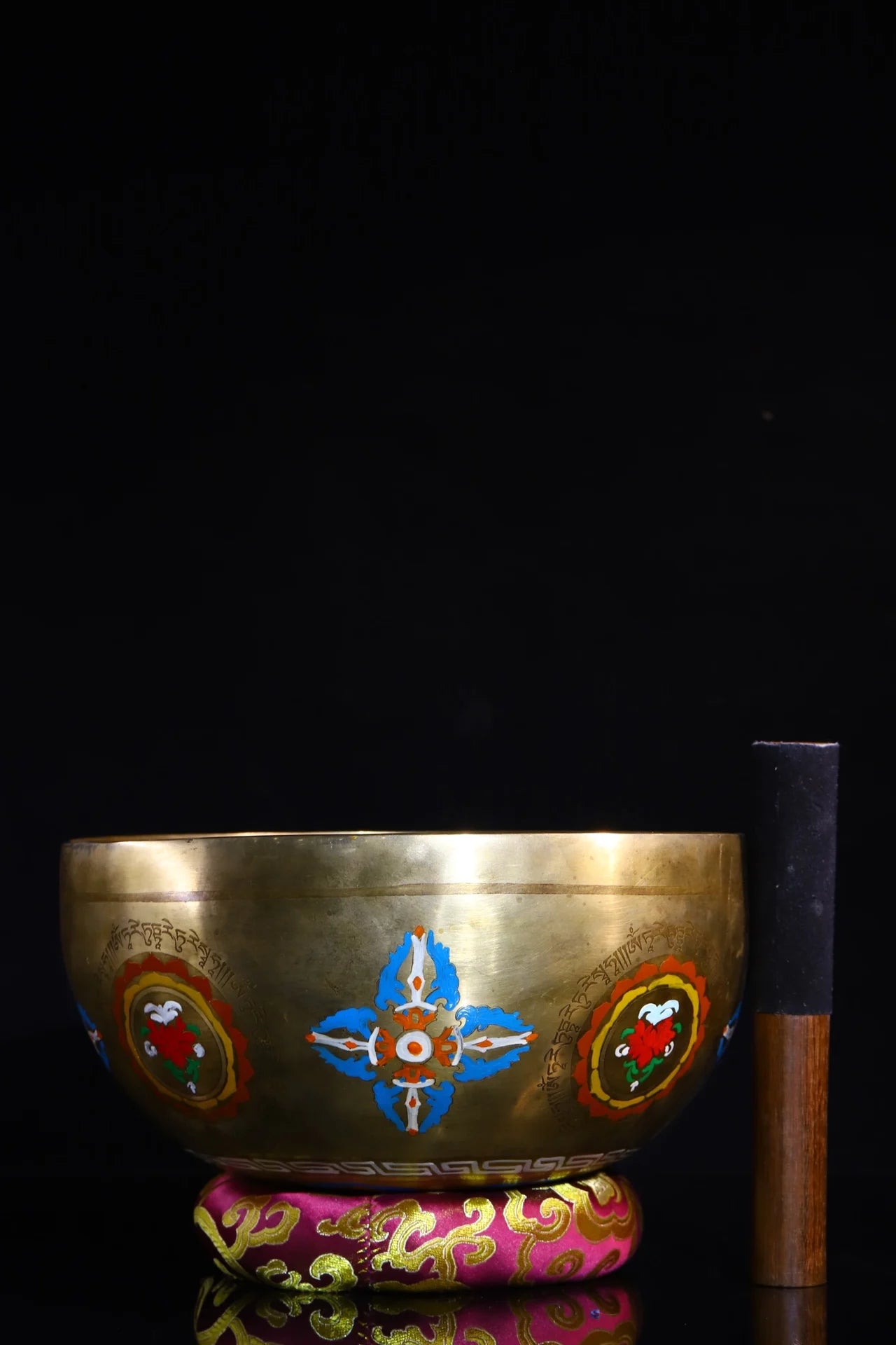 9"Tibetan Temple Collection Old Bronze Painted Tara Cross Vajra Pattern Buddha sound bowl Buddhist utensils Town House Exorcism