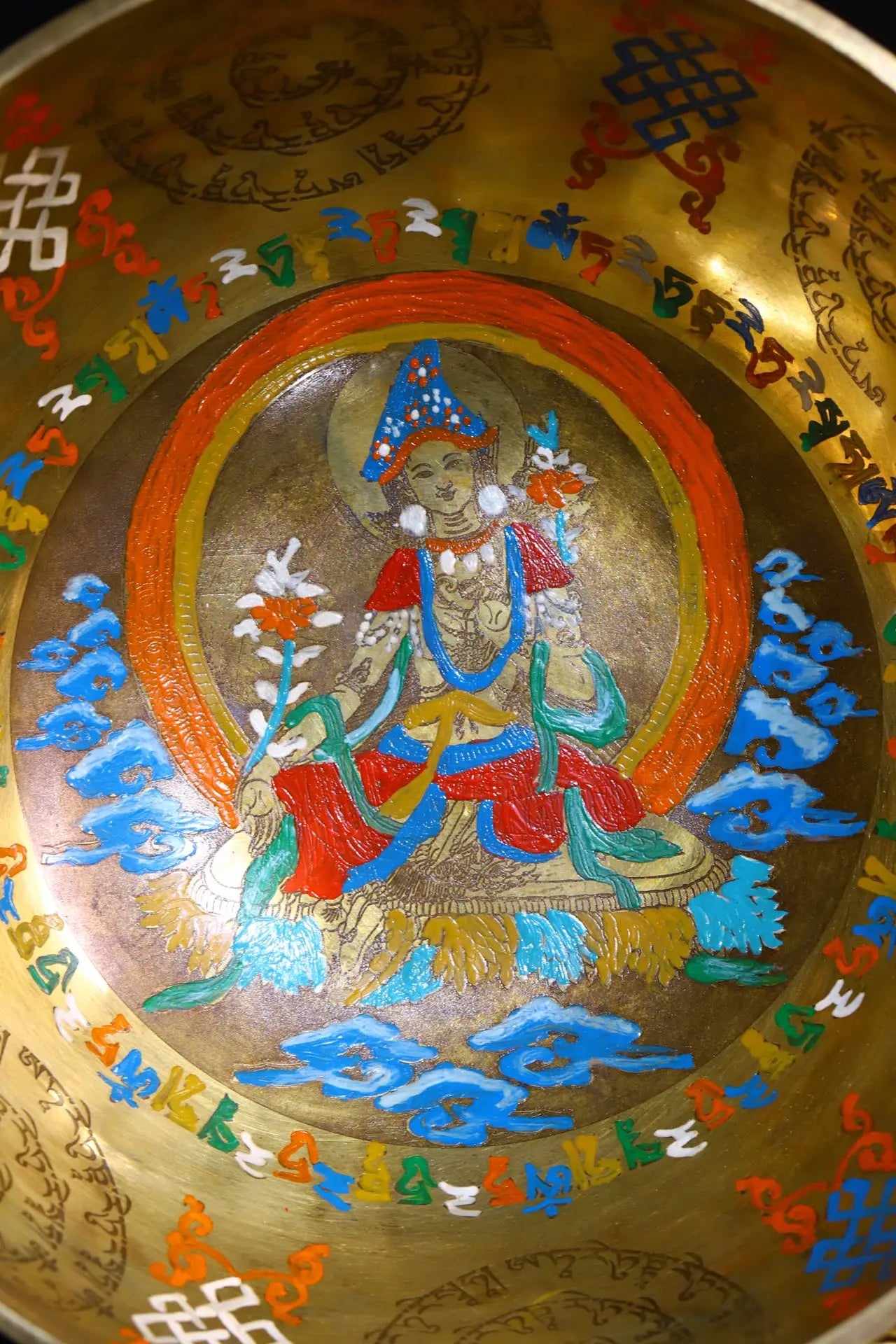 9"Tibetan Temple Collection Old Bronze Painted Tara Cross Vajra Pattern Buddha sound bowl Buddhist utensils Town House Exorcism