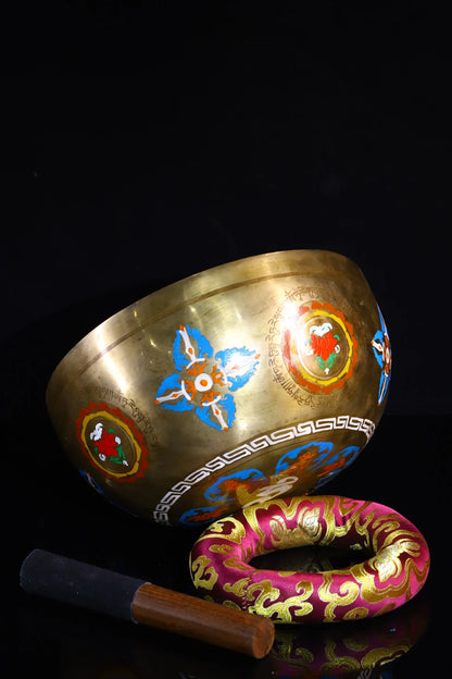 9"Tibetan Temple Collection Old Bronze Painted Tara Cross Vajra Pattern Buddha sound bowl Buddhist utensils Town House Exorcism
