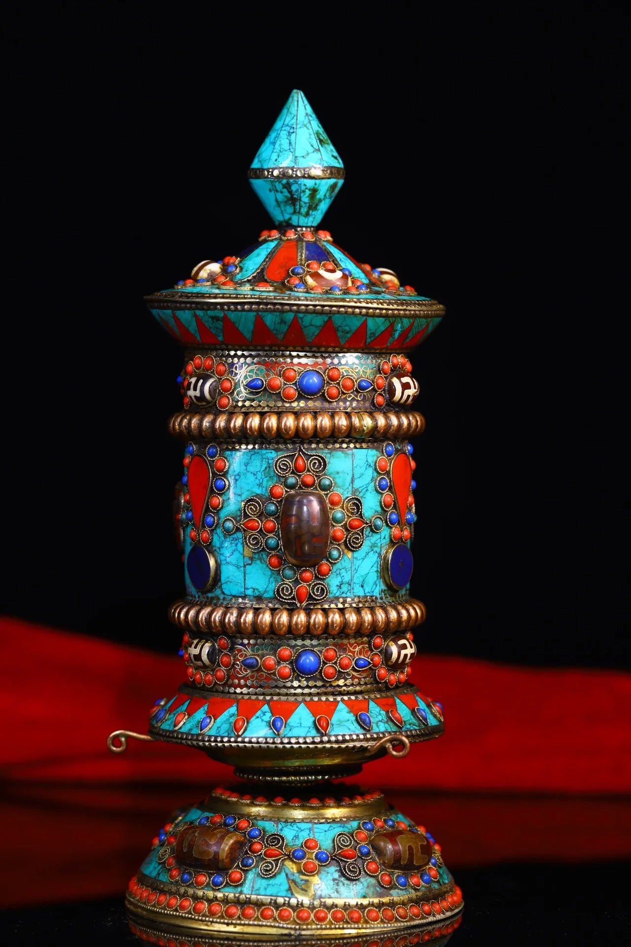 9"Tibetan Temple Collection Old Bronze Painted Turquoise Mosaic Gem gZi Beads Prayer Wheel Old Scriptures Worship Hall