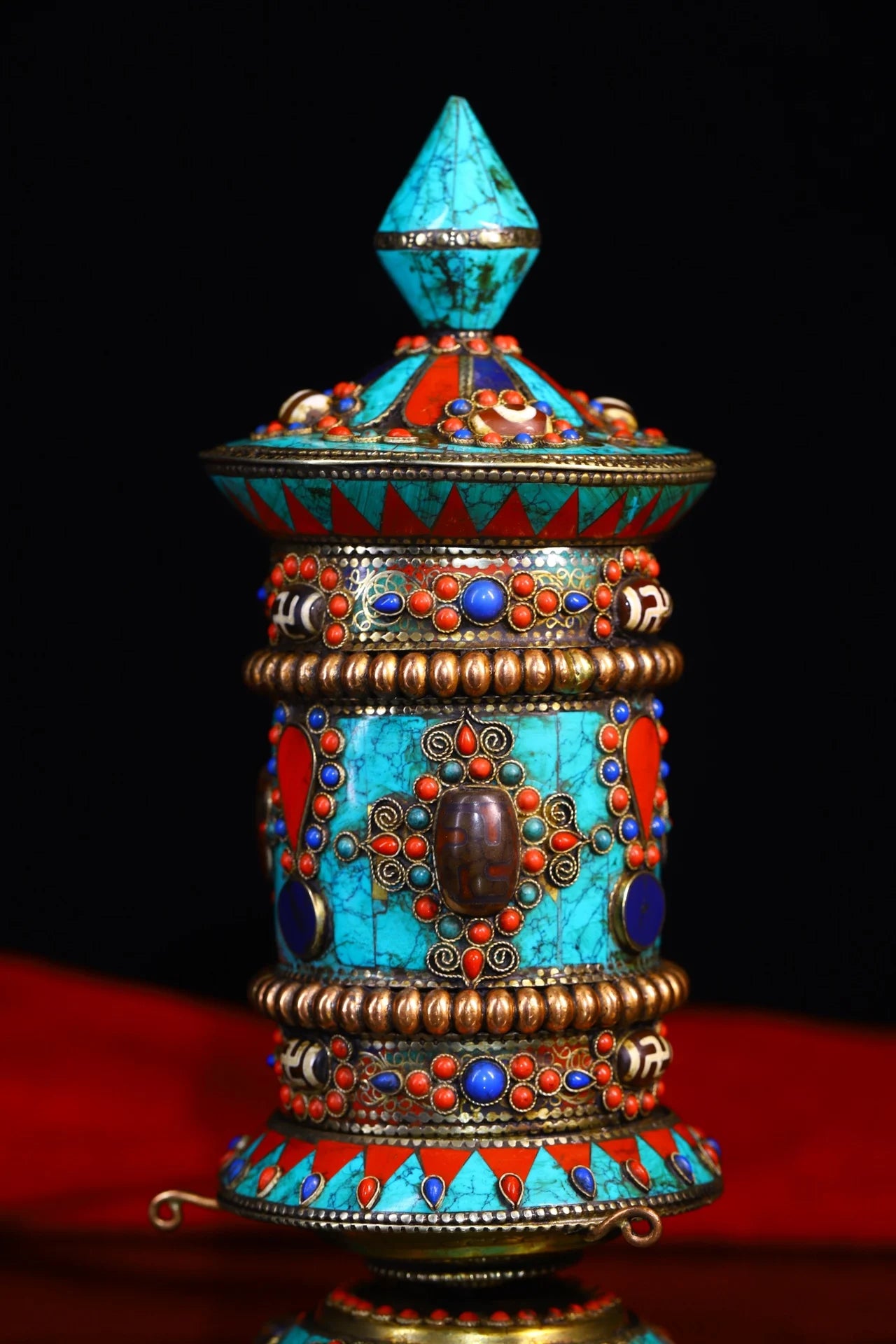 9"Tibetan Temple Collection Old Bronze Painted Turquoise Mosaic Gem gZi Beads Prayer Wheel Old Scriptures Worship Hall