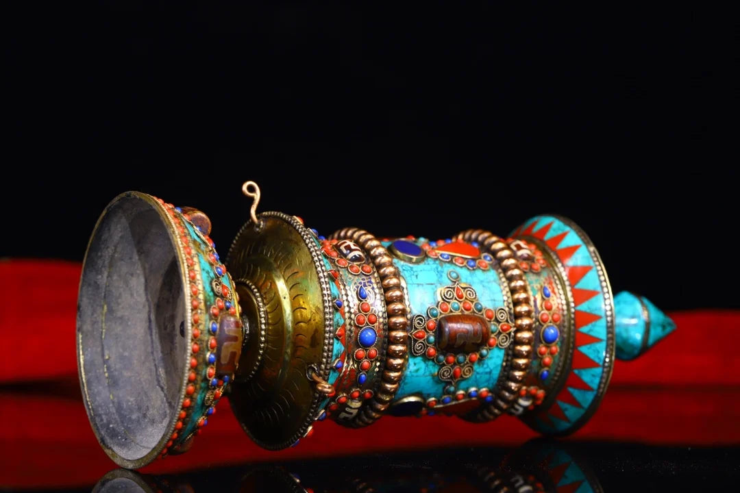 9"Tibetan Temple Collection Old Bronze Painted Turquoise Mosaic Gem gZi Beads Prayer Wheel Old Scriptures Worship Hall