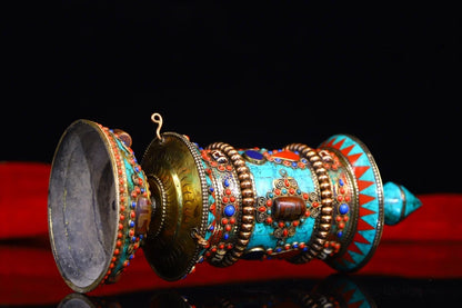 9"Tibetan Temple Collection Old Bronze Painted Turquoise Mosaic Gem gZi Beads Prayer Wheel Old Scriptures Worship Hall