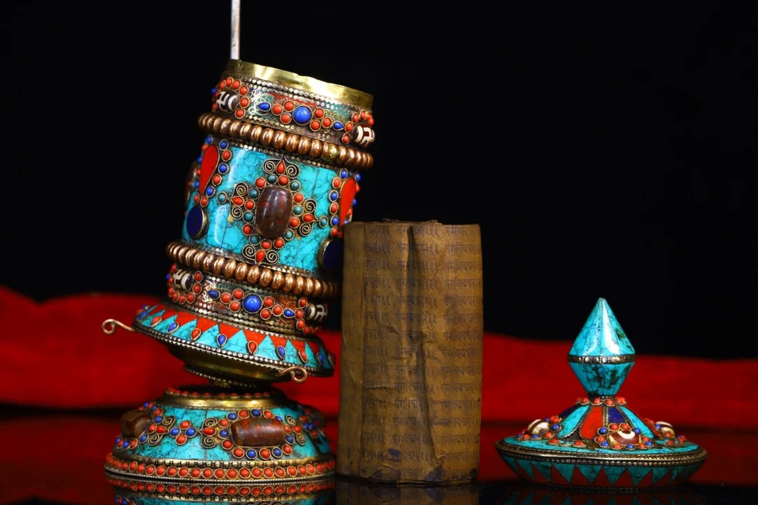 9"Tibetan Temple Collection Old Bronze Painted Turquoise Mosaic Gem gZi Beads Prayer Wheel Old Scriptures Worship Hall