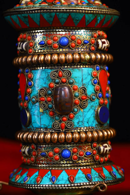 9"Tibetan Temple Collection Old Bronze Painted Turquoise Mosaic Gem gZi Beads Prayer Wheel Old Scriptures Worship Hall