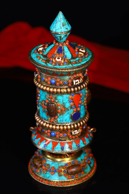 9"Tibetan Temple Collection Old Bronze Painted Turquoise Mosaic Gem gZi Beads Prayer Wheel Old Scriptures Worship Hall