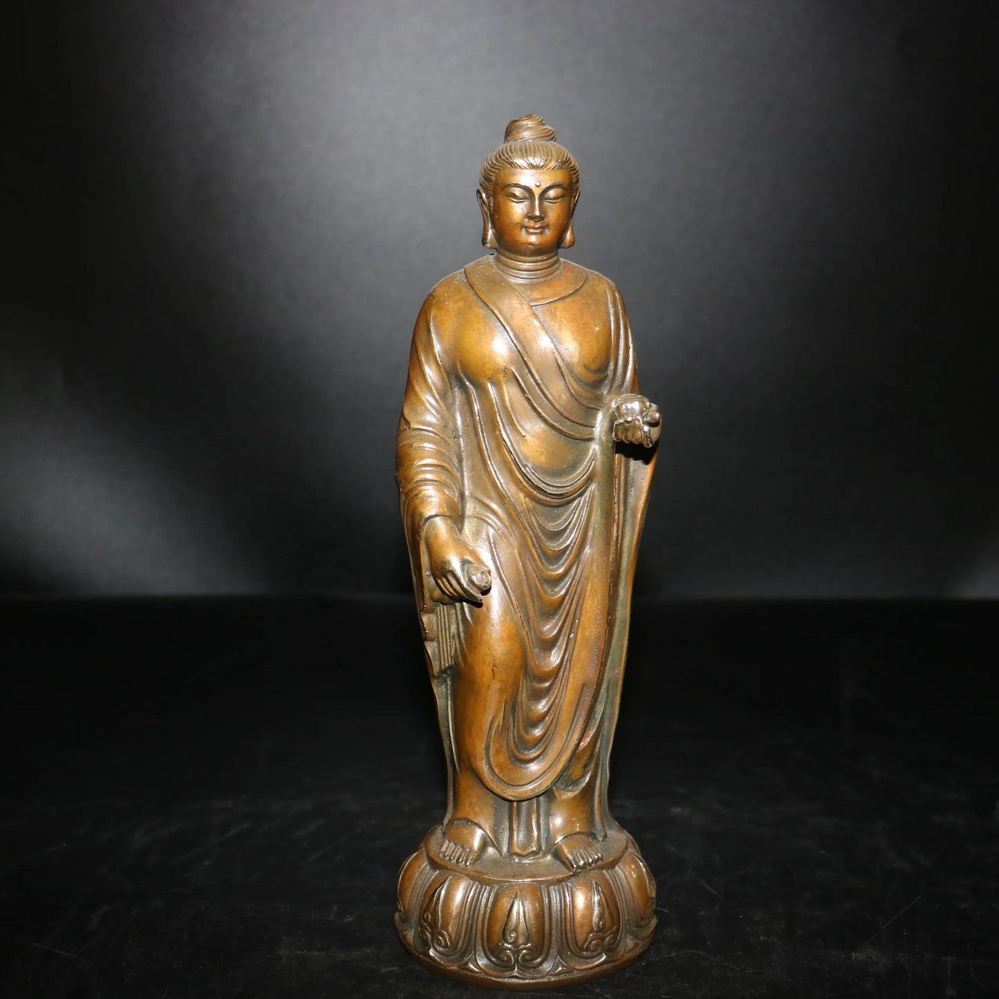 9"Tibetan Temple Collection Old Bronze Shakyamuni Buddha Lotus Terrace Standing Buddha Ornaments Town House Exorcism