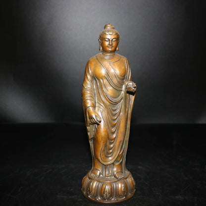 9"Tibetan Temple Collection Old Bronze Shakyamuni Buddha Lotus Terrace Standing Buddha Ornaments Town House Exorcism