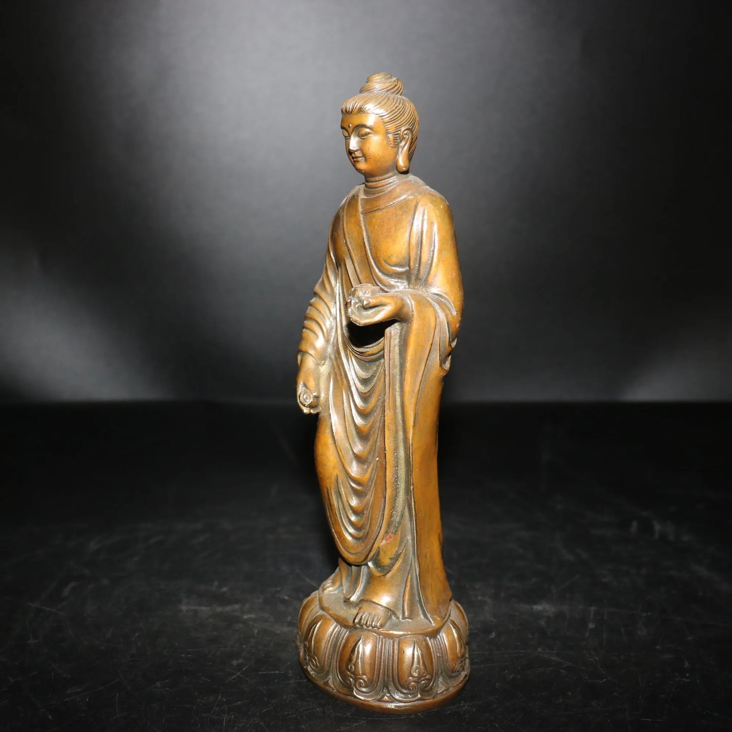 9"Tibetan Temple Collection Old Bronze Shakyamuni Buddha Lotus Terrace Standing Buddha Ornaments Town House Exorcism