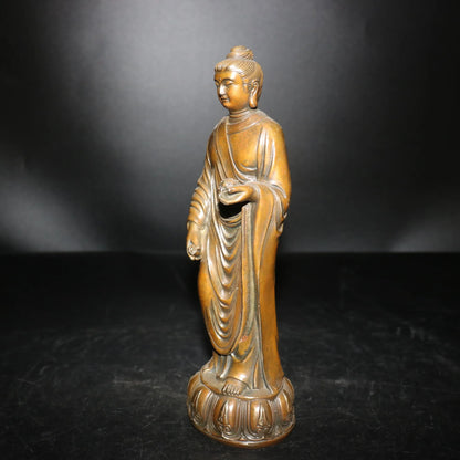 9"Tibetan Temple Collection Old Bronze Shakyamuni Buddha Lotus Terrace Standing Buddha Ornaments Town House Exorcism