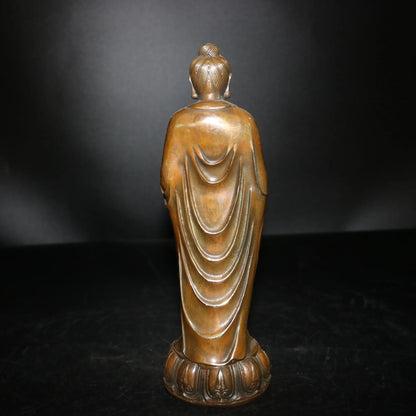 9"Tibetan Temple Collection Old Bronze Shakyamuni Buddha Lotus Terrace Standing Buddha Ornaments Town House Exorcism