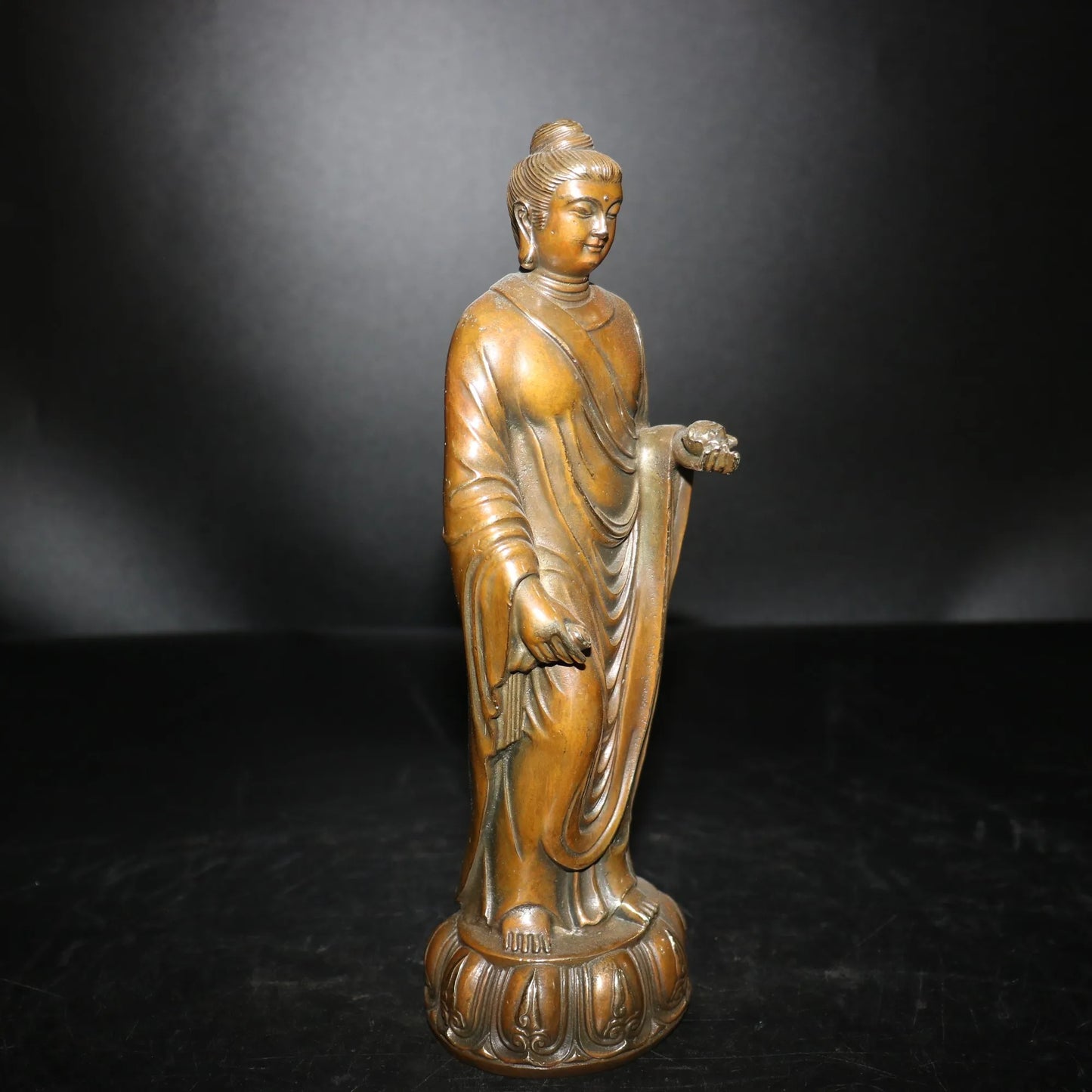 9"Tibetan Temple Collection Old Bronze Shakyamuni Buddha Lotus Terrace Standing Buddha Ornaments Town House Exorcism