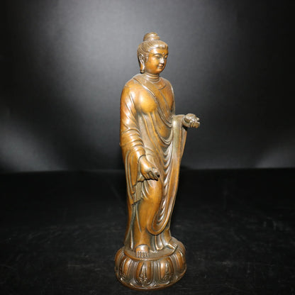 9"Tibetan Temple Collection Old Bronze Shakyamuni Buddha Lotus Terrace Standing Buddha Ornaments Town House Exorcism