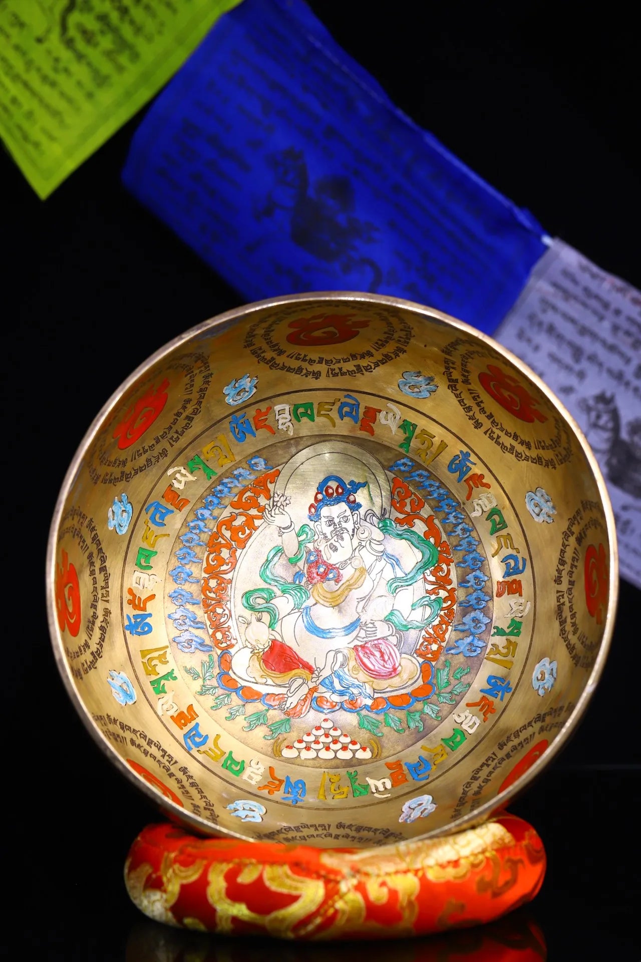 9"Tibetan Temple Collection Old Bronze Yellow Jambhala Happy Buddha Six-character truth Scripture Practice Bowl Worship Hall
