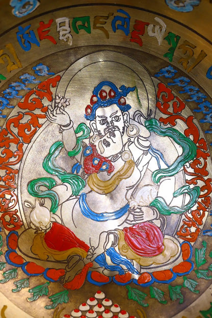 9"Tibetan Temple Collection Old Bronze Yellow Jambhala Happy Buddha Six-character truth Scripture Practice Bowl Worship Hall