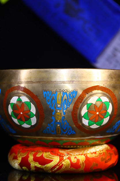 9"Tibetan Temple Collection Old Bronze Yellow Jambhala Happy Buddha Six-character truth Scripture Practice Bowl Worship Hall