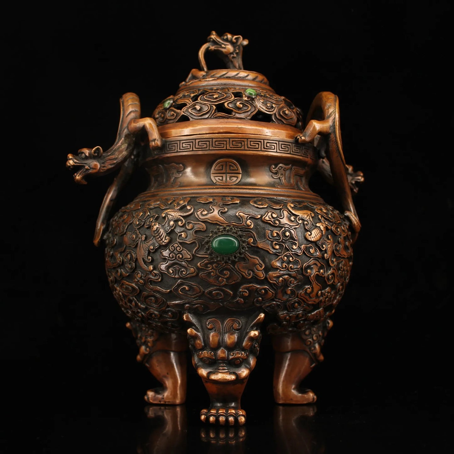 9"Tibetan Temple Collection Old Bronze mosaic Gem Dragon Ear incense burner lion Three-legged Incense Ornaments Town House