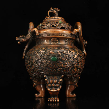 9"Tibetan Temple Collection Old Bronze mosaic Gem Dragon Ear incense burner lion Three-legged Incense Ornaments Town House