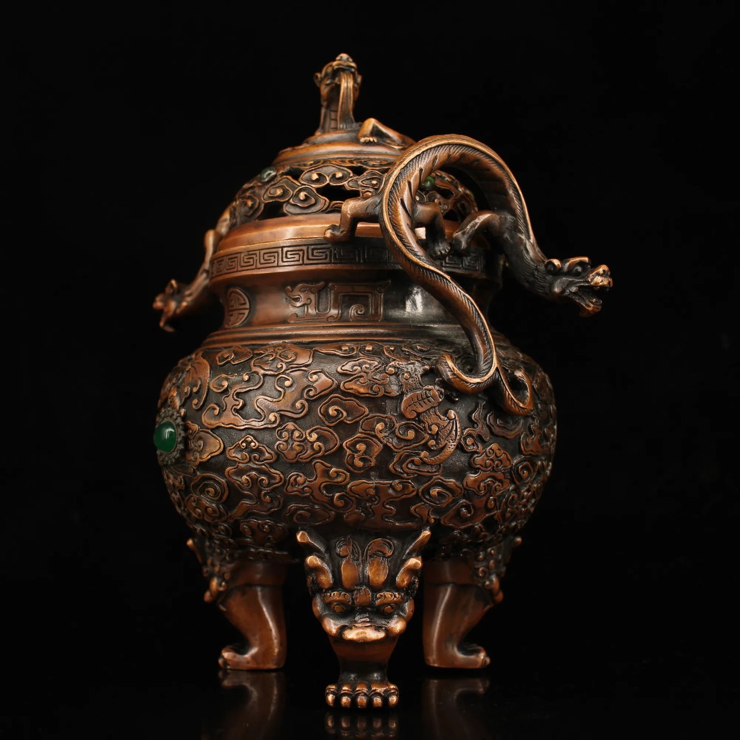 9"Tibetan Temple Collection Old Bronze mosaic Gem Dragon Ear incense burner lion Three-legged Incense Ornaments Town House