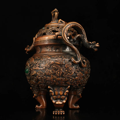 9"Tibetan Temple Collection Old Bronze mosaic Gem Dragon Ear incense burner lion Three-legged Incense Ornaments Town House