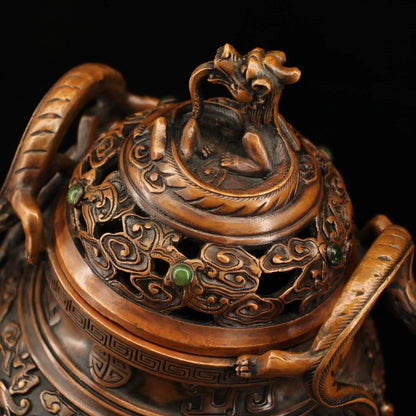 9"Tibetan Temple Collection Old Bronze mosaic Gem Dragon Ear incense burner lion Three-legged Incense Ornaments Town House