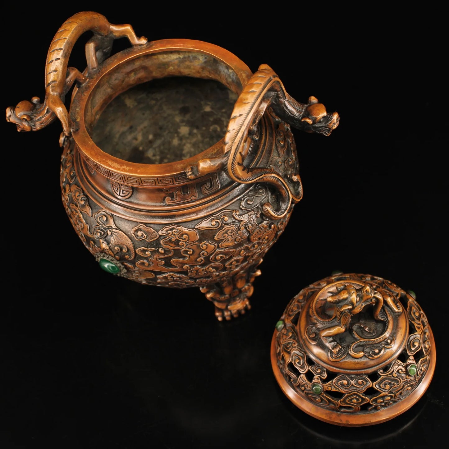 9"Tibetan Temple Collection Old Bronze mosaic Gem Dragon Ear incense burner lion Three-legged Incense Ornaments Town House