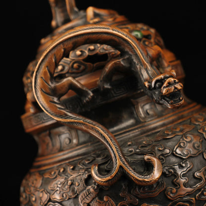 9"Tibetan Temple Collection Old Bronze mosaic Gem Dragon Ear incense burner lion Three-legged Incense Ornaments Town House
