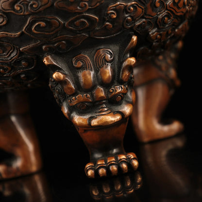 9"Tibetan Temple Collection Old Bronze mosaic Gem Dragon Ear incense burner lion Three-legged Incense Ornaments Town House