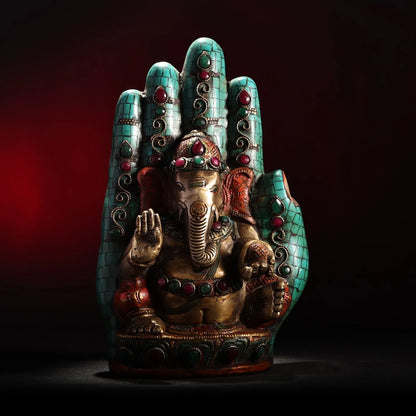 9"Tibetan Temple Collection Old Bronze outline in gold mosaic gem sit Bergamot Elephant Trunk God of Wealth Sitting Buddha