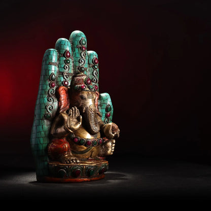 9"Tibetan Temple Collection Old Bronze outline in gold mosaic gem sit Bergamot Elephant Trunk God of Wealth Sitting Buddha