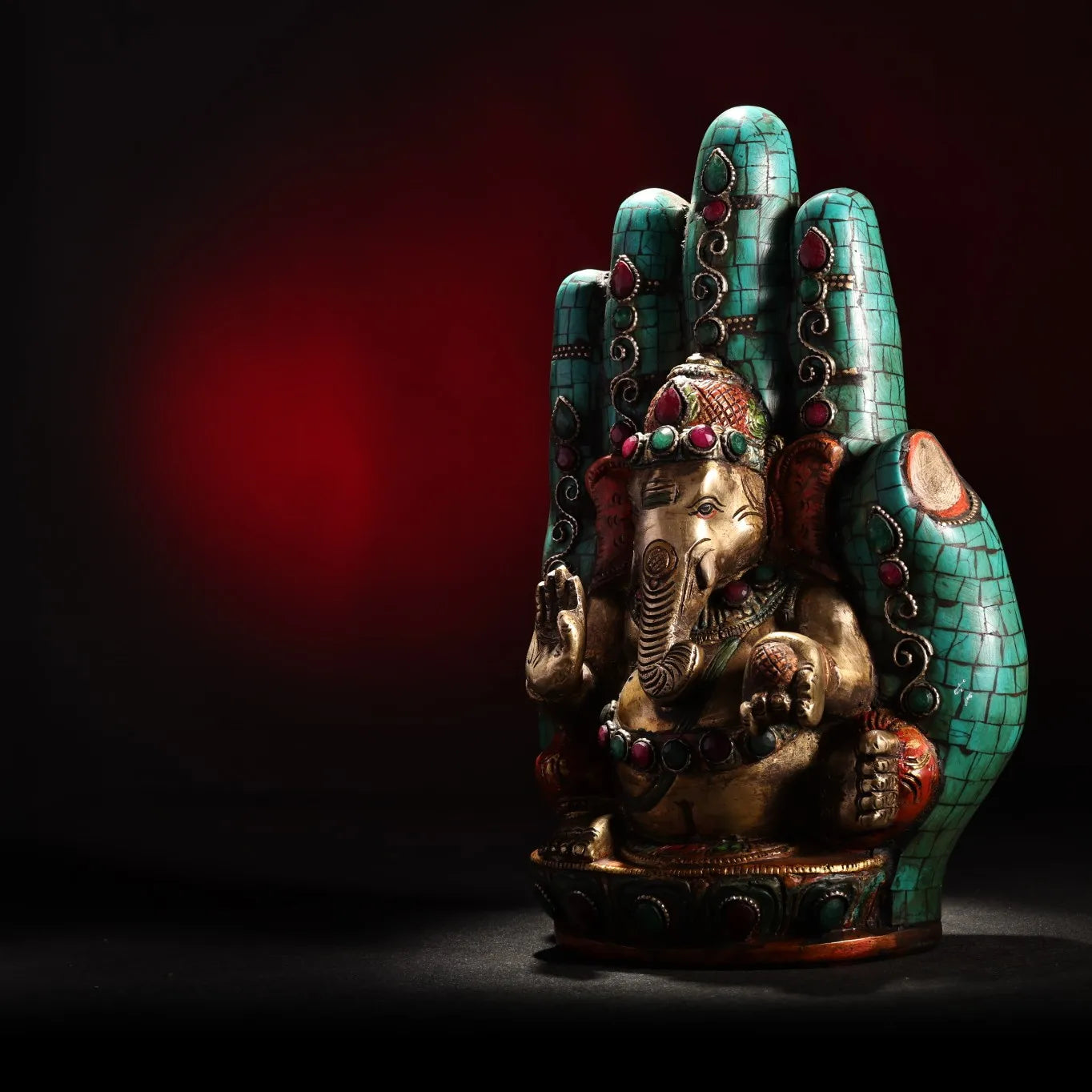 9"Tibetan Temple Collection Old Bronze outline in gold mosaic gem sit Bergamot Elephant Trunk God of Wealth Sitting Buddha