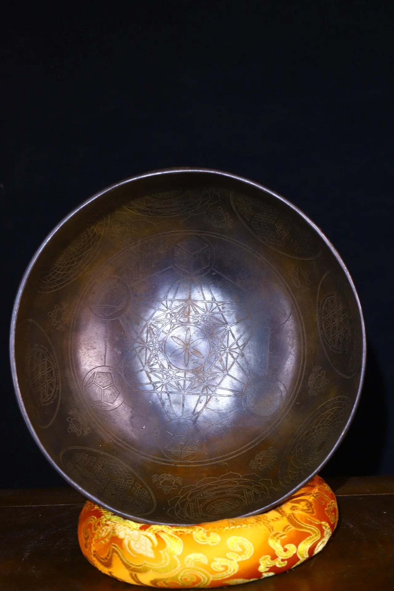 9"Tibetan Temple Collection Old Bronze sound Buddhist symbols Sanskrit Buddha sound bowl prayer bowl Dharma Amulet Town house