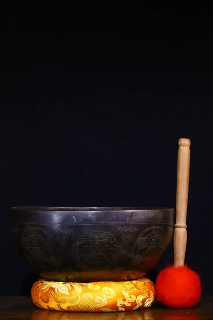 9"Tibetan Temple Collection Old Bronze sound Buddhist symbols Sanskrit Buddha sound bowl prayer bowl Dharma Amulet Town house