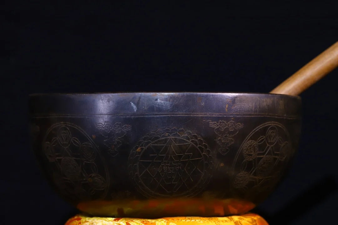 9"Tibetan Temple Collection Old Bronze sound Buddhist symbols Sanskrit Buddha sound bowl prayer bowl Dharma Amulet Town house