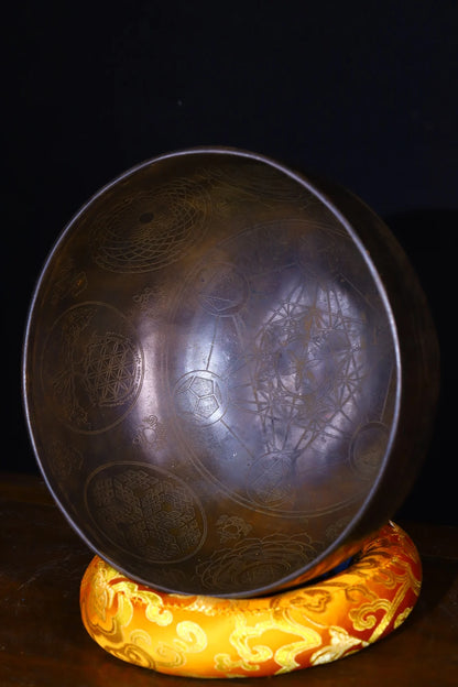 9"Tibetan Temple Collection Old Bronze sound Buddhist symbols Sanskrit Buddha sound bowl prayer bowl Dharma Amulet Town house