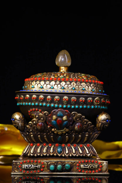9"Tibetan Temple Collection Old Gabala Tibetan silver Mosaic Gem gZi Beads Skull Dragon pattern Gabala Bowl Amulet Town House
