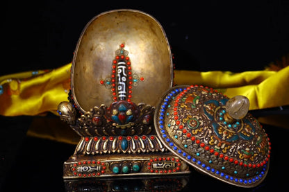 9"Tibetan Temple Collection Old Gabala Tibetan silver Mosaic Gem gZi Beads Skull Dragon pattern Gabala Bowl Amulet Town House