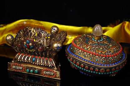 9"Tibetan Temple Collection Old Gabala Tibetan silver Mosaic Gem gZi Beads Skull Dragon pattern Gabala Bowl Amulet Town House