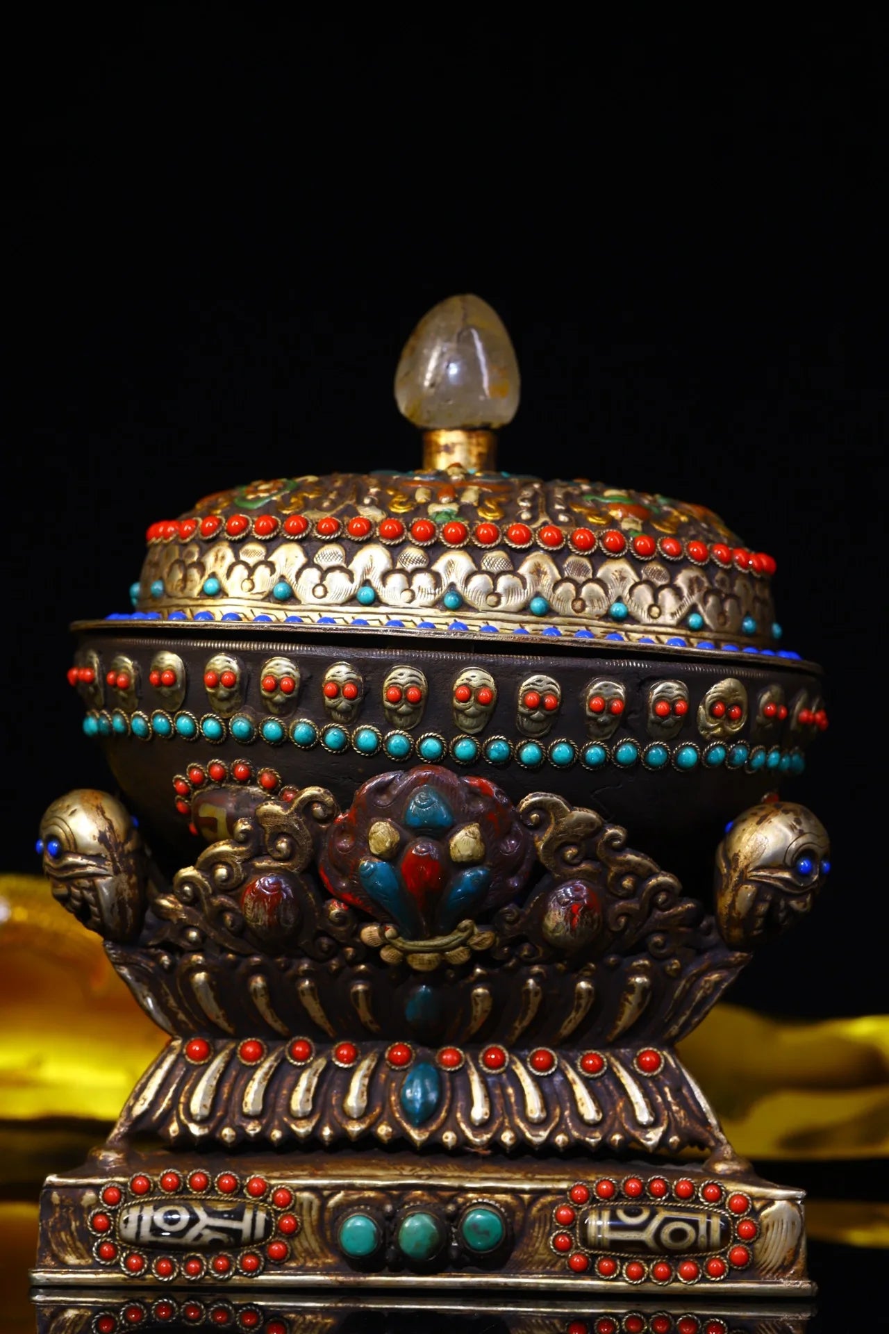 9"Tibetan Temple Collection Old Gabala Tibetan silver Mosaic Gem gZi Beads Skull Dragon pattern Gabala Bowl Amulet Town House
