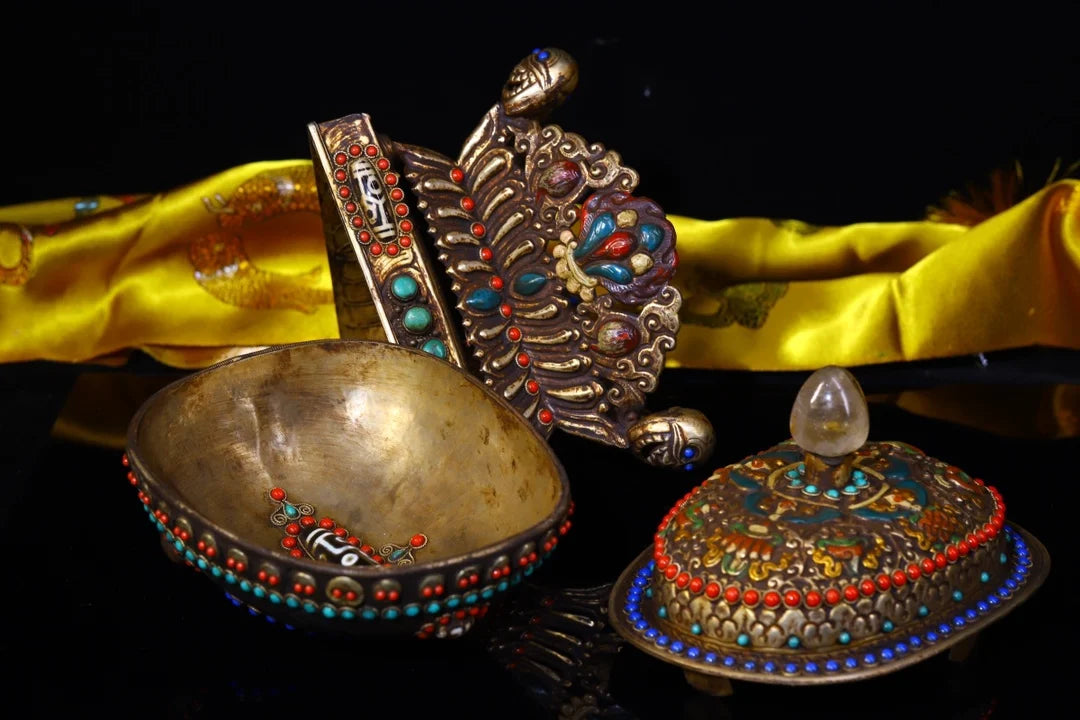 9"Tibetan Temple Collection Old Gabala Tibetan silver Mosaic Gem gZi Beads Skull Dragon pattern Gabala Bowl Amulet Town House
