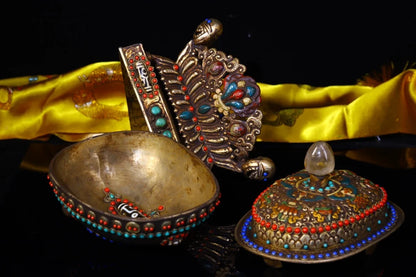 9"Tibetan Temple Collection Old Gabala Tibetan silver Mosaic Gem gZi Beads Skull Dragon pattern Gabala Bowl Amulet Town House